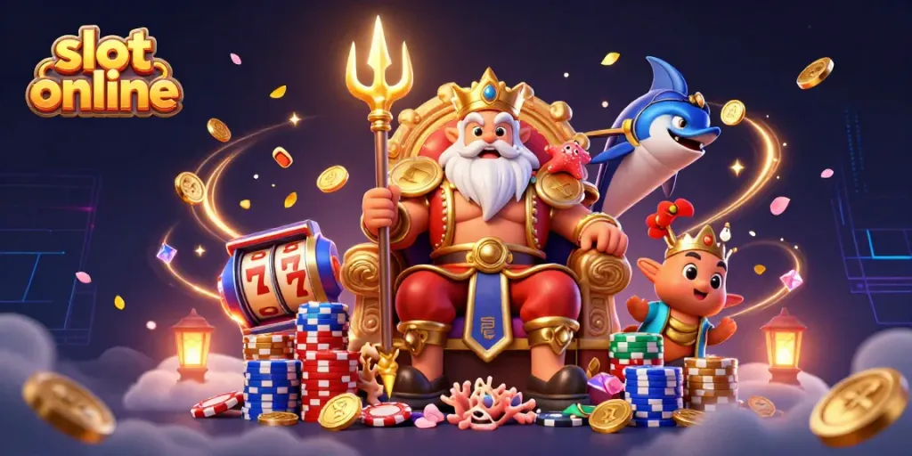 Experience the excitement of slot online gaming in this vibrant 3D illustration featuring Neptune and gaming elements.
