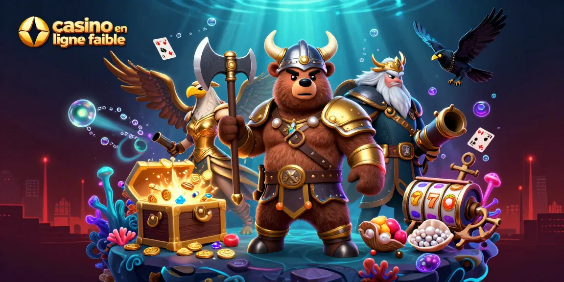 Plongez dans l'univers du casino en ligne fiable avec un ours viking en plein combat, des cartes flottantes et des trésors sous-marins.