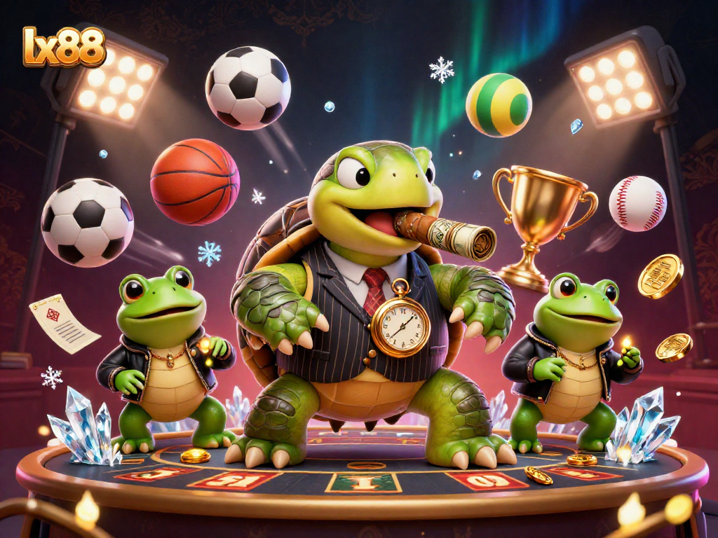 Engage with lx88's vibrant casino scene featuring a mobster turtle, enforcers, and dynamic sports elements.