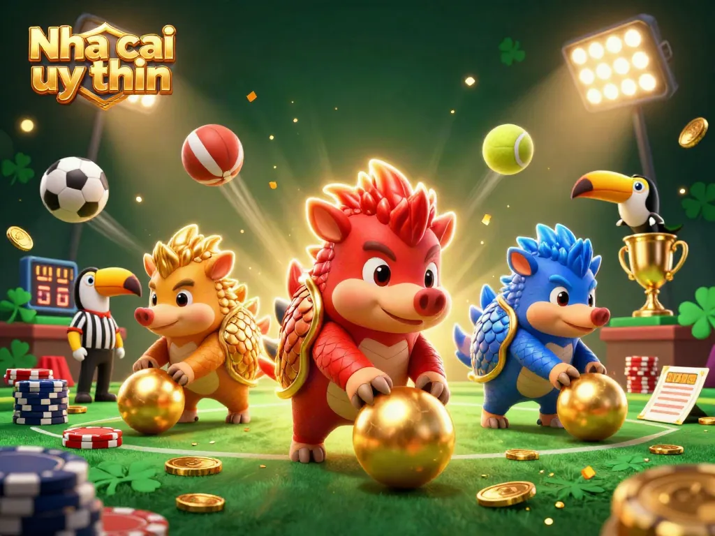 Join the excitement in Nha cai uy tin with playful pangolins rolling golden balls in a dynamic casino scene.