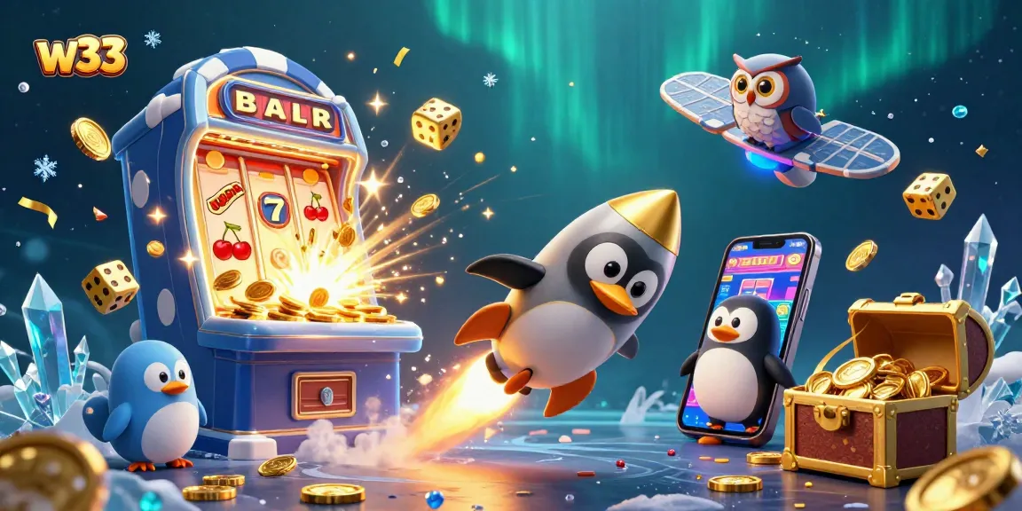 Experience exciting w33 gameplay with vibrant scenes of gold coins and slot machines in a casino space