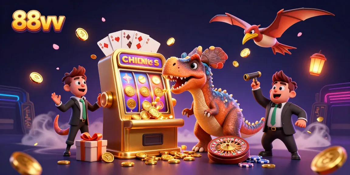 88vv showcases a vibrant scene with a pachycephalosaurus hitting a slot machine amid golden coin chaos.