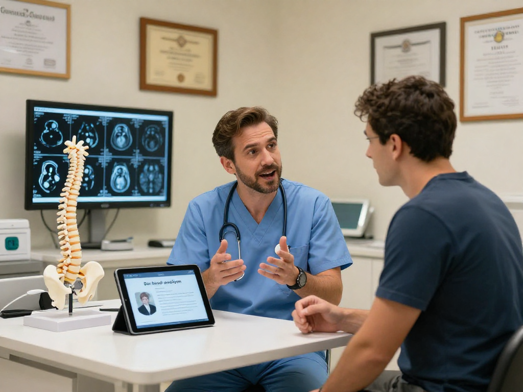 Consultation about dar kanal ameliyatı with a neurosurgeon in a clinical setting, emphasizing patient engagement.