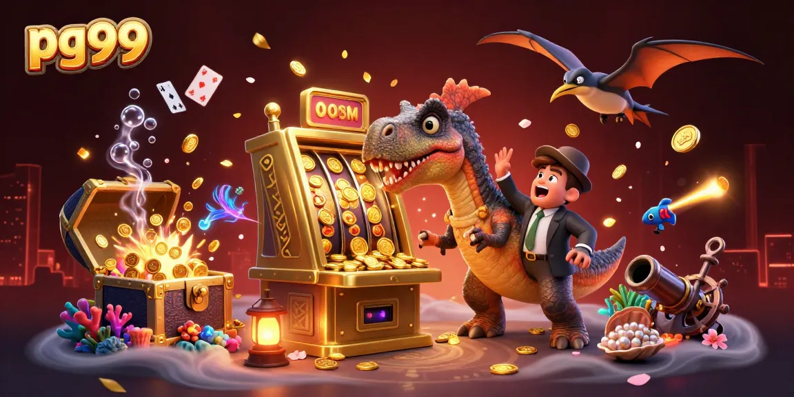 pg99 spins the jackpot with a dinosaur headbutting a slot machine as coins rain down.