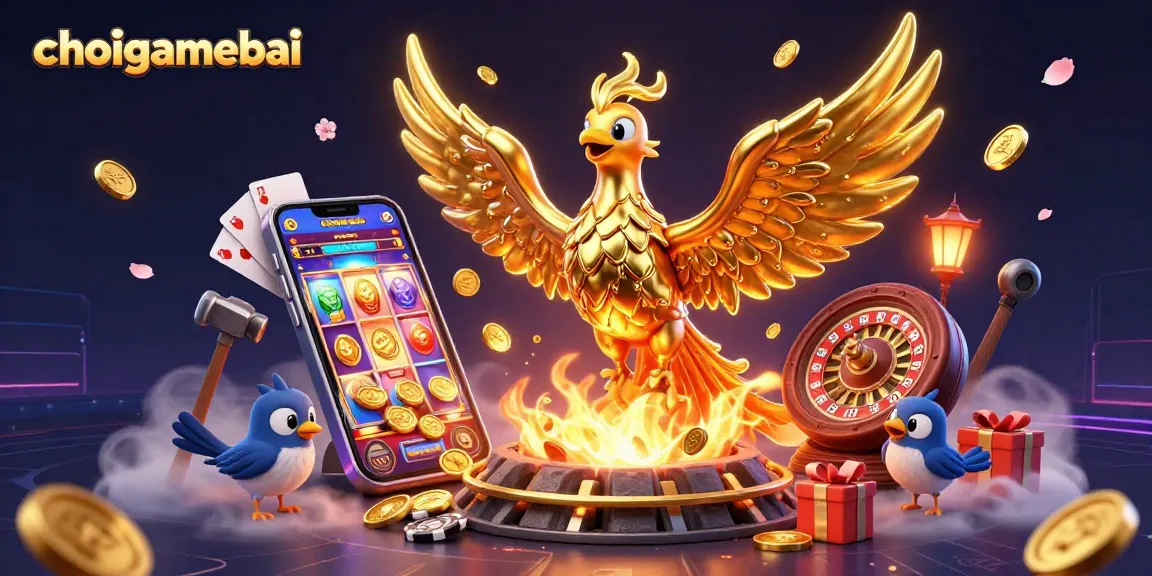 Experience thrill at choigamebai as golden phoenix creates coins in an immersive casino scene.