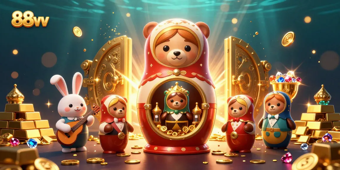 Experience the excitement of 88vv as Matryoshka bears unveil thrilling casino delights under shimmering teals.
