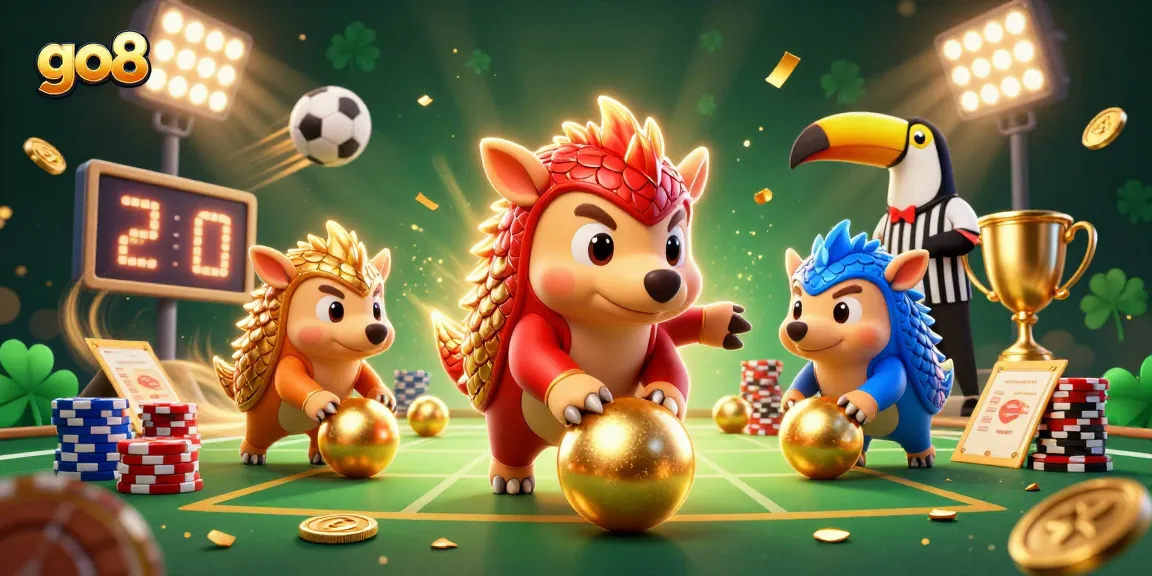 Experience go8's thrilling gaming atmosphere with playful pangolins and dynamic sports action.