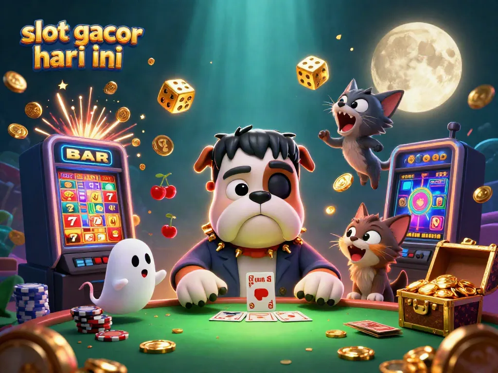 Slot gacor hari ini: Ilustrasi 3D penuh aksi dengan karakter kasino di meja permainan.