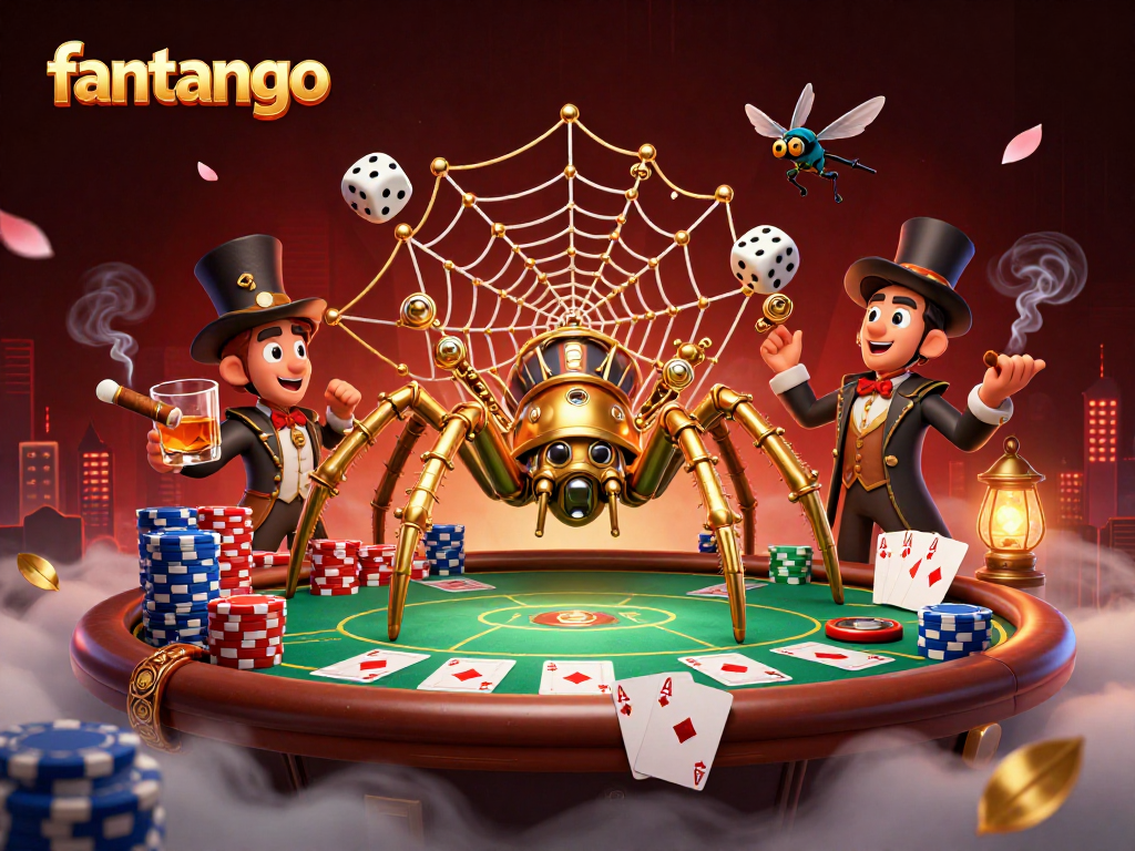 Engage with fantango as a steampunk spider catches dice in a vibrant casino scene.