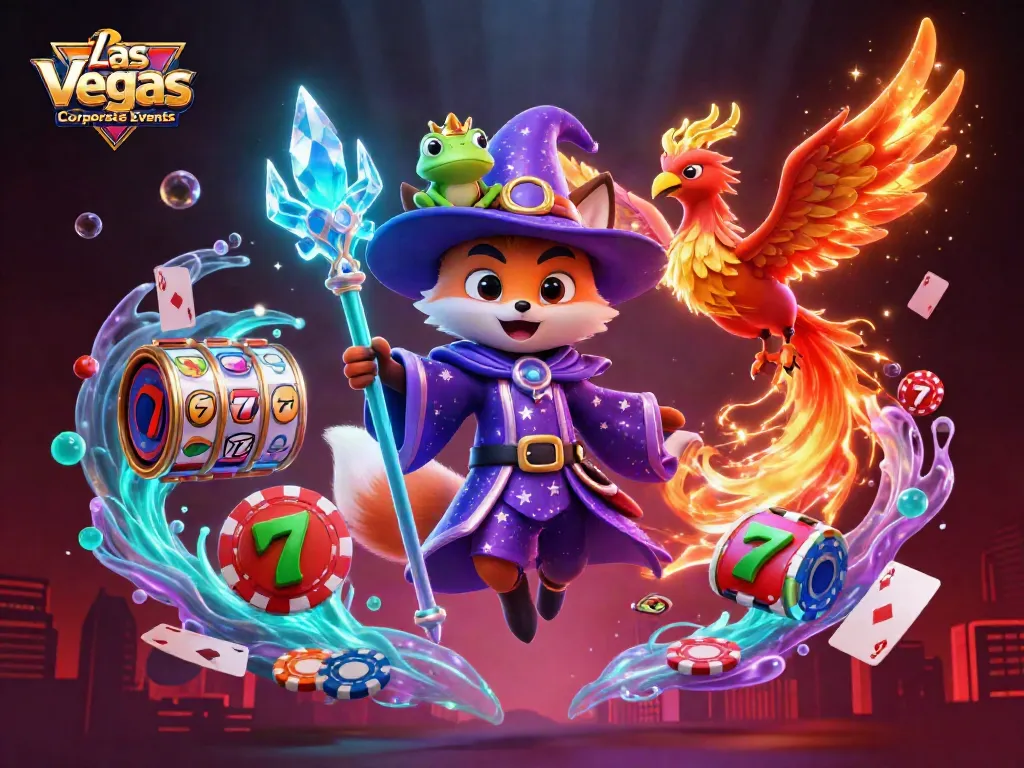 Experience Las Vegas Corporate Events with a mystical wizard fox and phoenix in a vibrant casino scene.