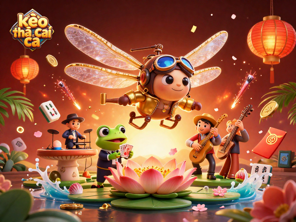 Engaging kèo nhà cái scene with a dragonfly pilot, frog croupier, and jazz-playing crickets.