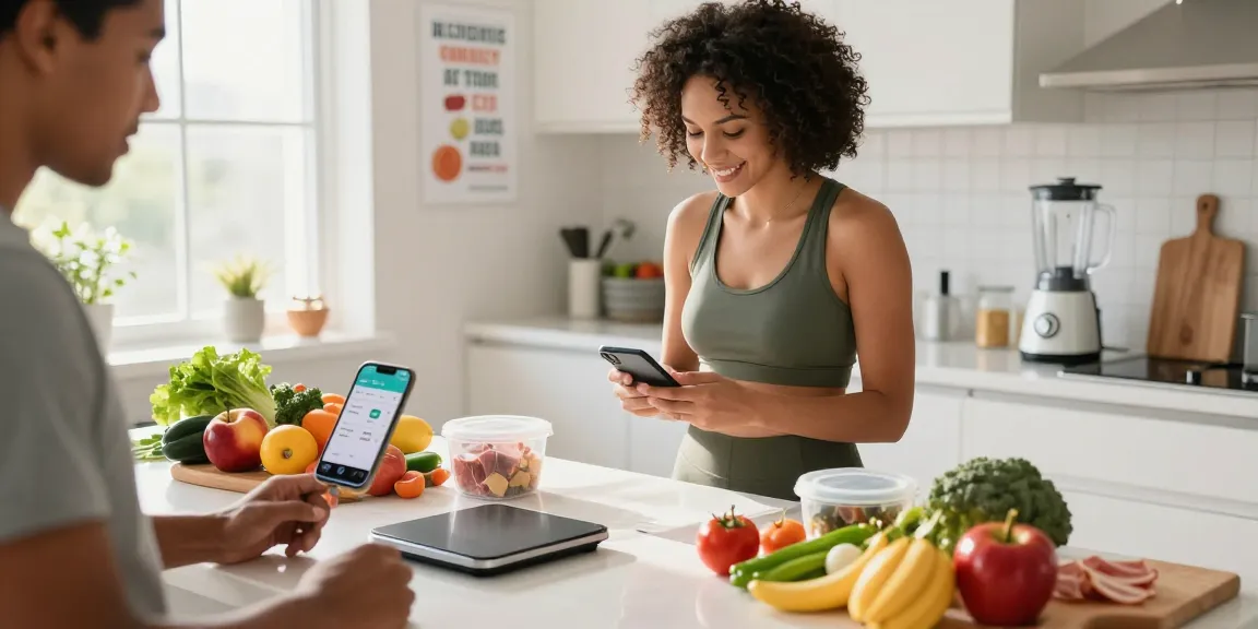The best AI macro tracker in action, person logging meals with fresh ingredients in a modern kitchen.