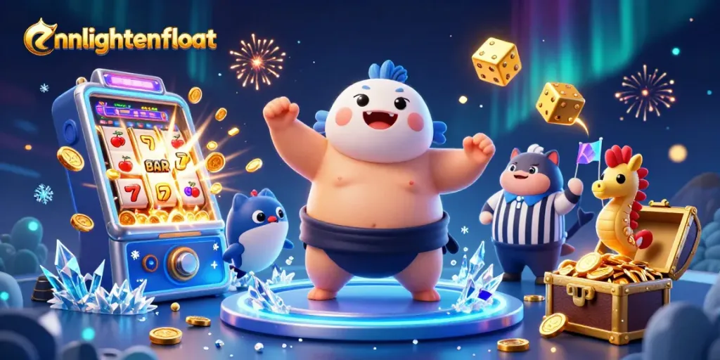 Play exciting games at enlightenfloat with vibrant slot symbols and an animated underwater scene.