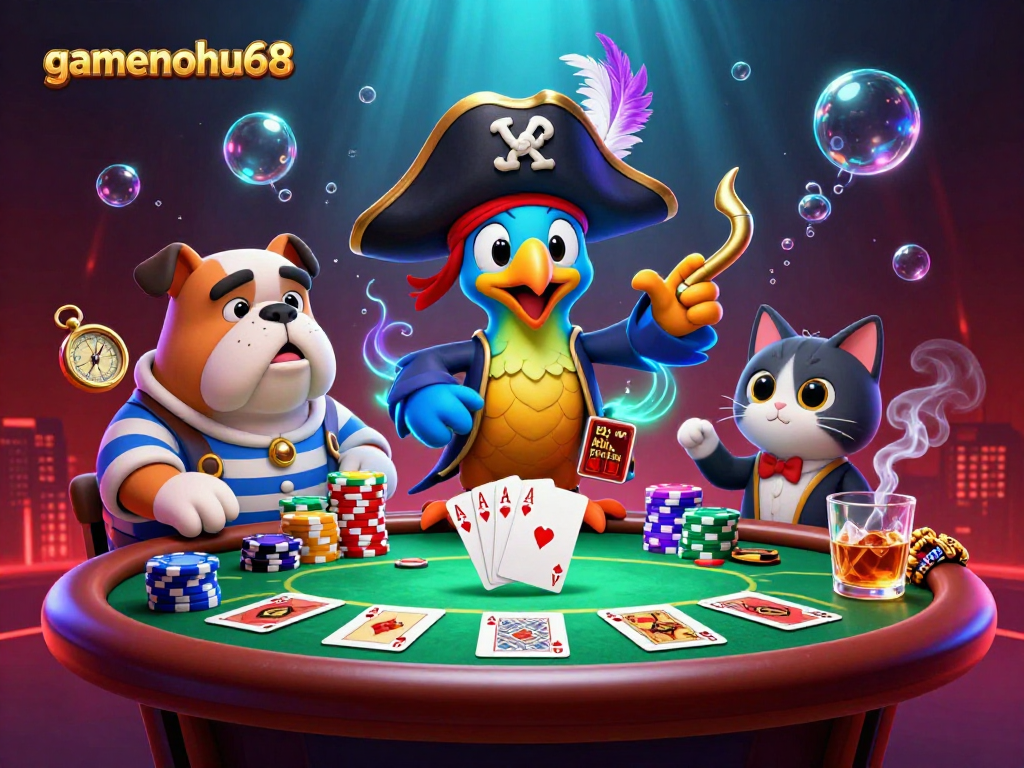Play poker with gamenohu68's vibrant characters in a packed 3D casino scene full of action.