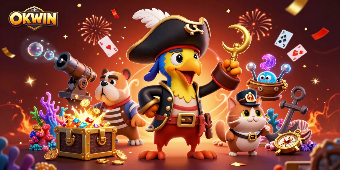 Engage with the thrilling world of OKWIN as a pirate captain parrot leads in an underwater treasure hunt.