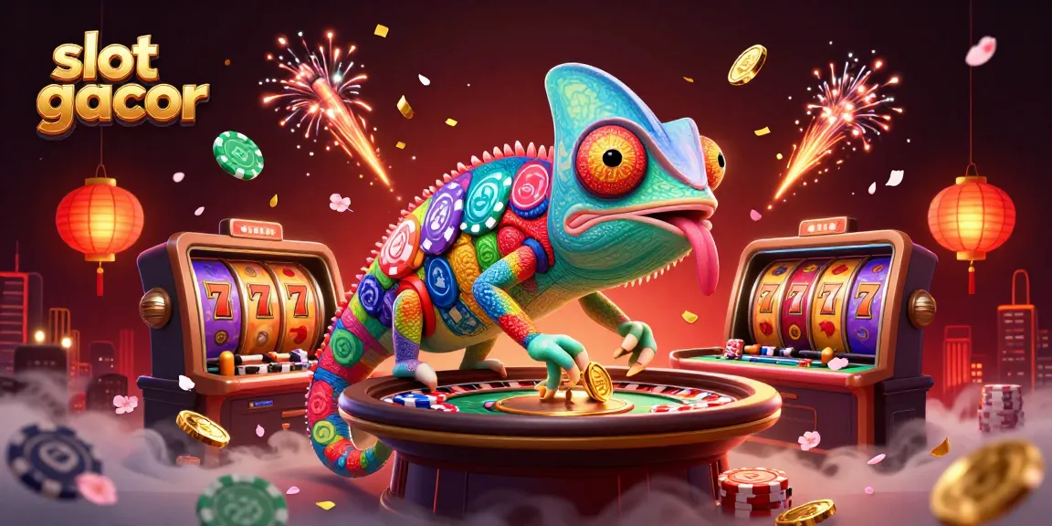 Engage with slot gacor thrills in an immersive 3D illustrated casino scene filled with vibrant elements.