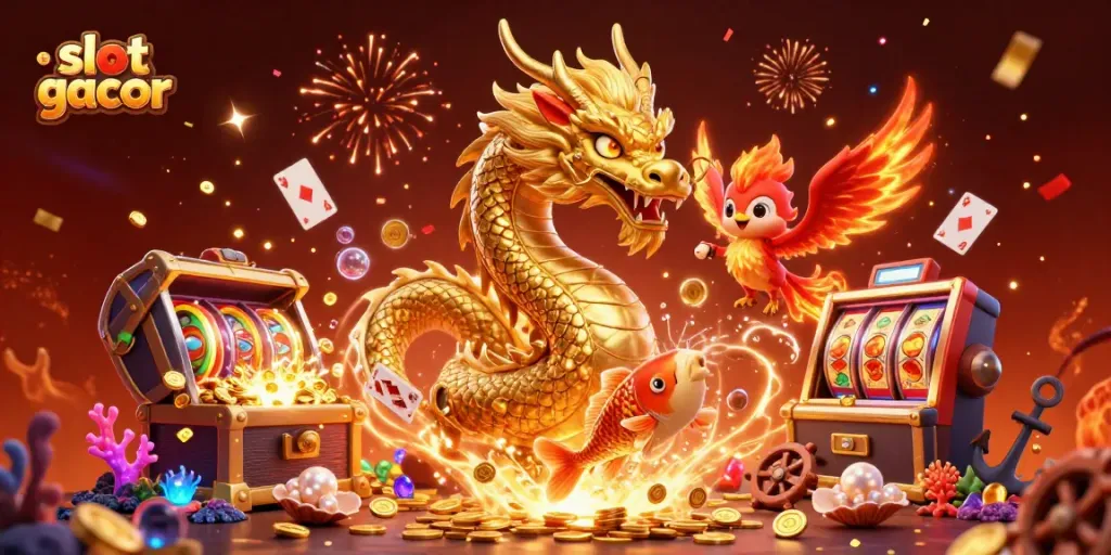 Experience the excitement of slot gacor with a dynamic scene featuring a golden dragon, red phoenix, and koi fish amidst vibrant casino elements.