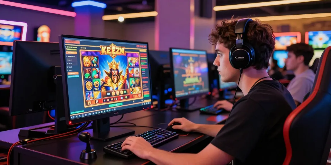 Player engaged in situs raja slot Zeus gaming experience with vibrant graphics and modern lounge ambiance.