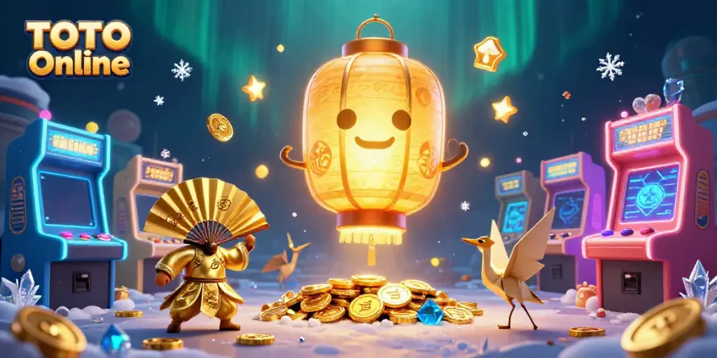 Gambaran TOTO Online yang menarik dengan karakter bertema kasino dan efek visual yang megah.