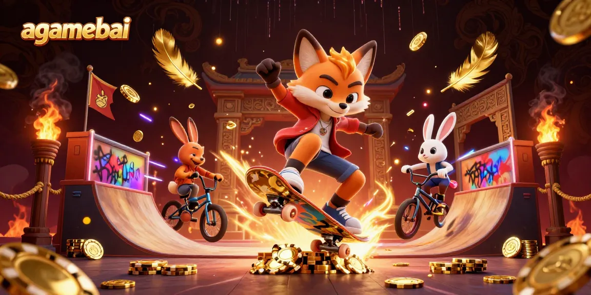 Experience thrilling action with agamebai as a fox skateboarder performs stunts among golden casino elements.