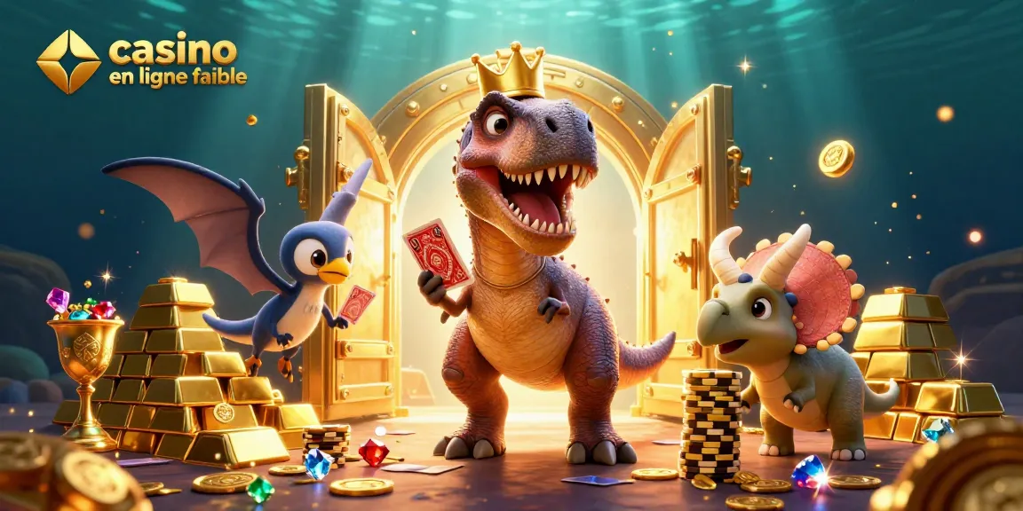 Jouer en toute confiance au casino en ligne fiable avec un T-Rex et ses amis, entouré de trésors.
