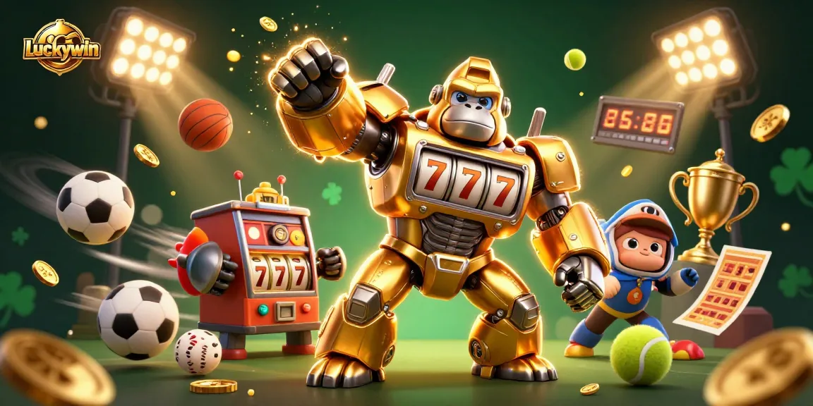 Experience Luckywin's thrilling 3D gorilla mech smashing through sports betting elements in a vibrant casino scene.