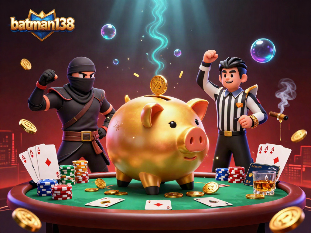 Engage with batman138 as a fun online gambling adventure depicted with a cartoon piggy bank sumo wrestler.