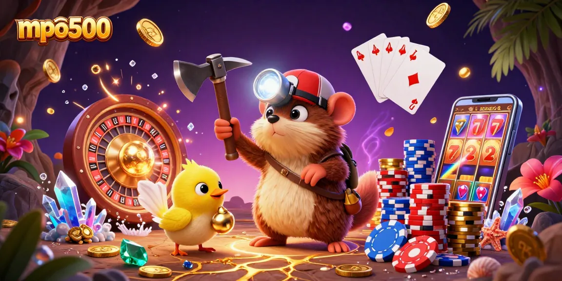 MPO500 captures the treasure hunt excitement with a mole and glowing gems in a vibrant casino scene.
