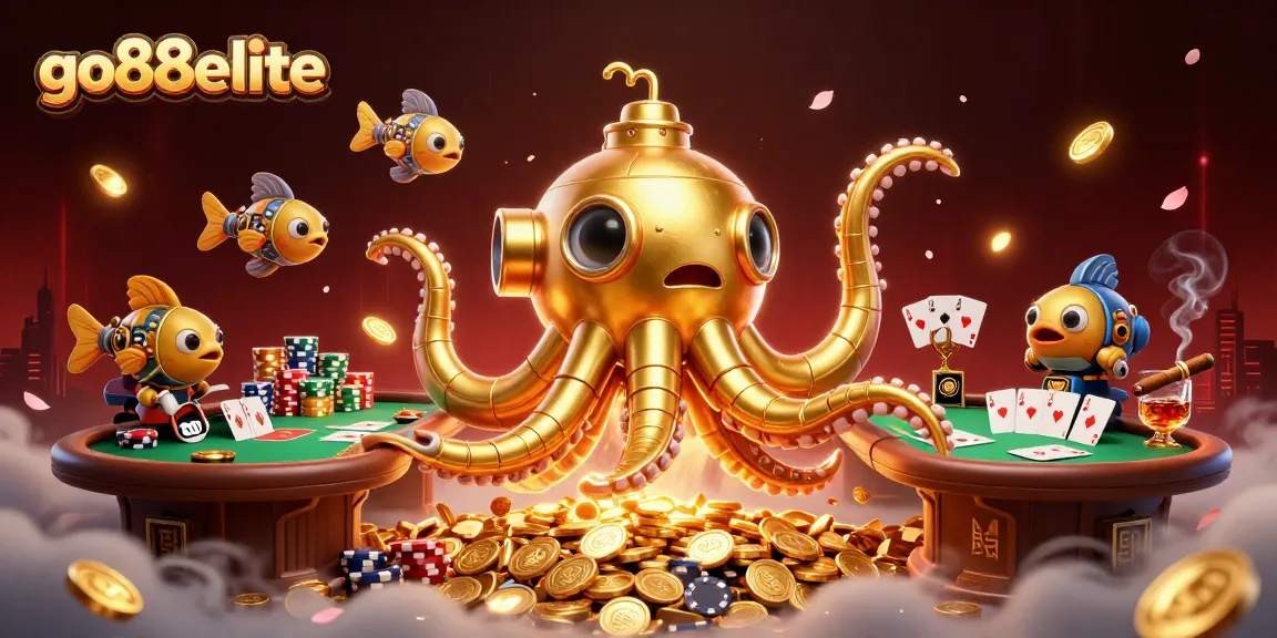 Engage with the thrilling world of go88elite, featuring a kraken submarine amidst poker chips and golden coins.