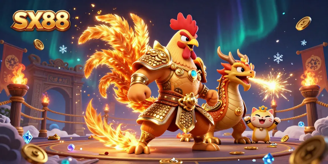 SX88 engages players with a vibrant 3D illustration of a rooster warrior and dragon in an exciting casino setting.