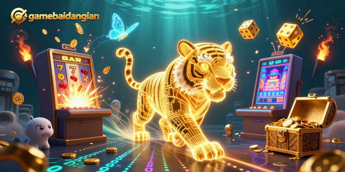 Experience thrilling gameplay at gamebaidangian with a vibrant illustration of a golden tiger and jackpot slot machine.