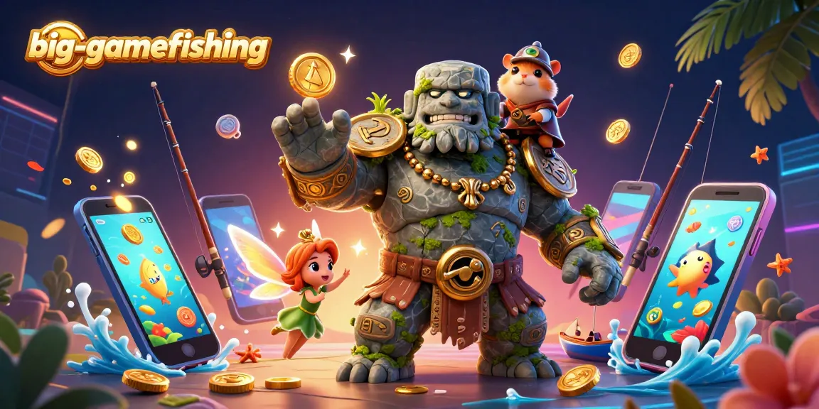 Engage in big-gamefishing with our vibrant 3D illustration featuring a magical scene of a stone golem, fairy, and hamster knight.