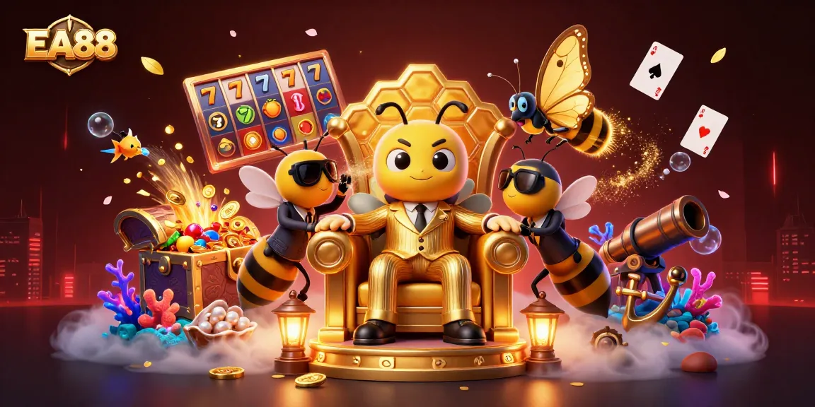 EA88's captivating 3D scene showcases a bumblebee mob boss, slot machine frenzy, and vibrant treasures.