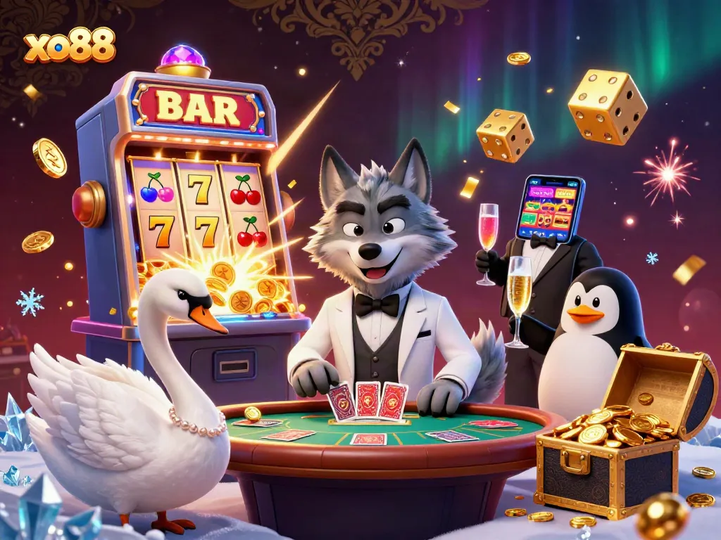 Xo88 players engaging in vibrant casino activities with debonair wolf, elegant swan, and sophisticated penguin.