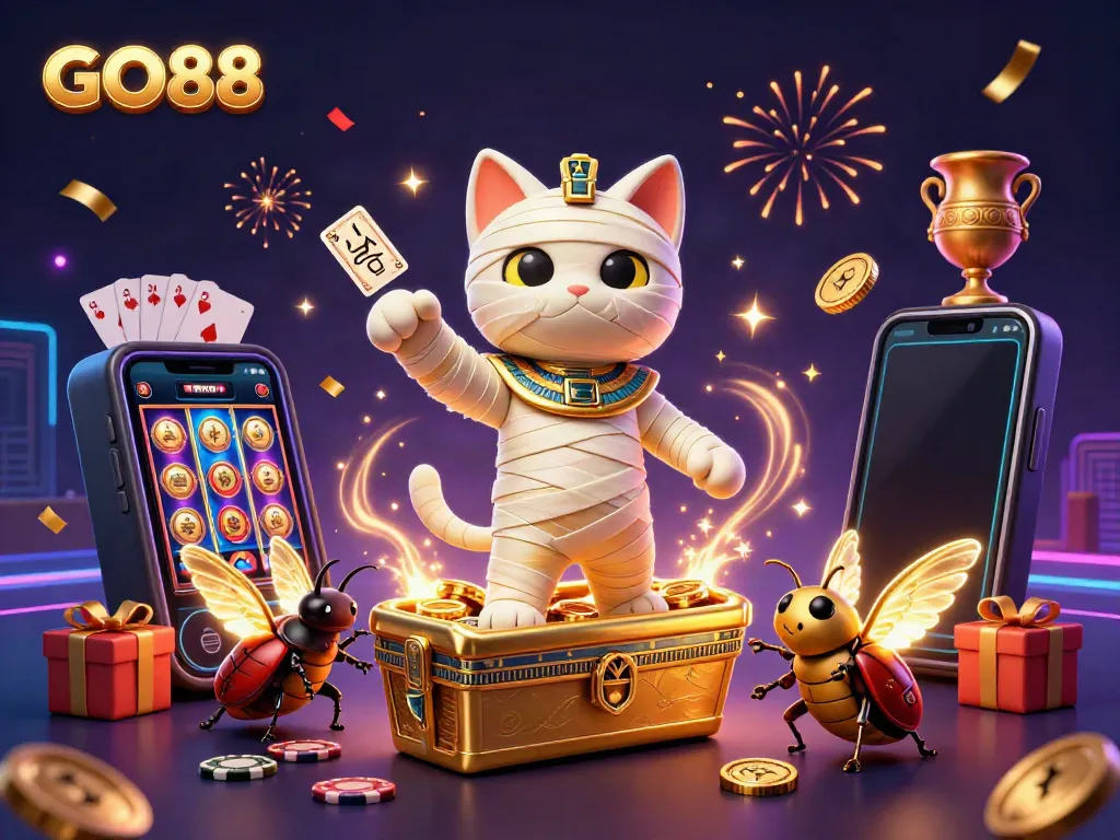 GO88 themed illustration with a mummy cat and a scarab beetle in a vibrant casino setting experiencing a jackpot