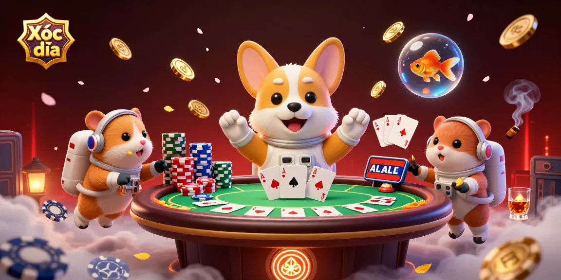 Xóc đĩa offers thrilling floating casino action with astronaut corgi, hamster, and goldfish in a dynamic 3D setting.