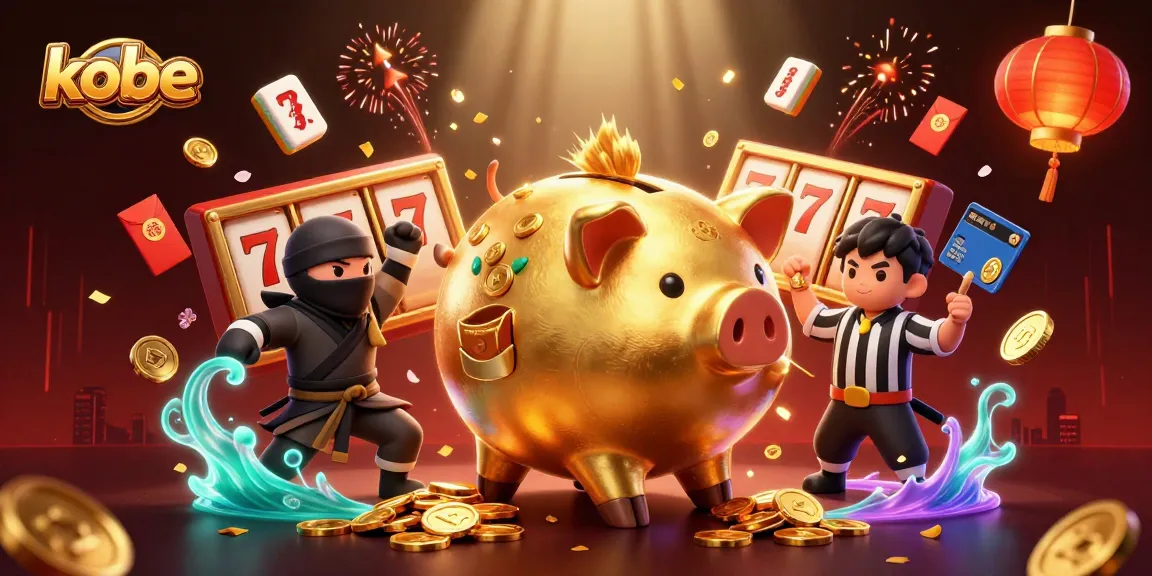 Kobe inspires a dynamic casino scene with a sumo piggy bank, coins, and slot reels.