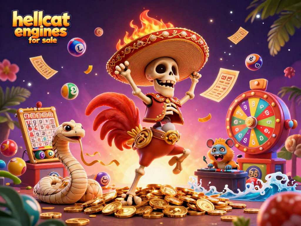 Engage with hellcat engines for sale in an exciting lottery-themed celebration featuring vibrant characters and dynamic elements.