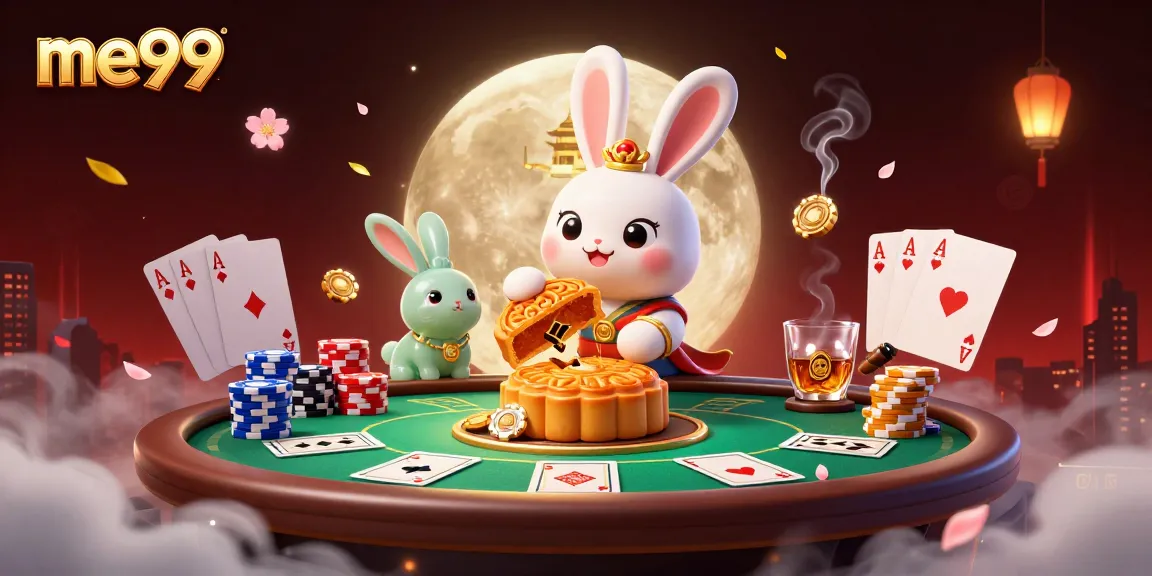 Experience the magic of me99 online casino with a lively moon rabbit scene infused with poker elements.
