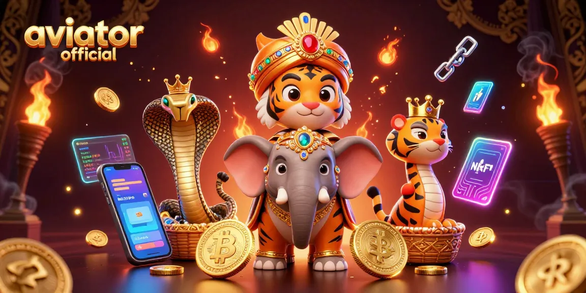 Aviator official casino illustration featuring a maharaja tiger and a jewel-encrusted elephant surrounded by glowing crypto coins.