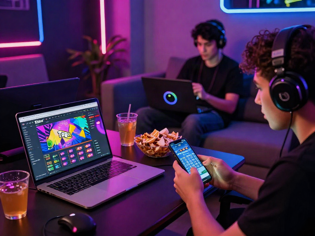 Exciting gaming environment featuring togel online players engaging on laptops and smartphones.