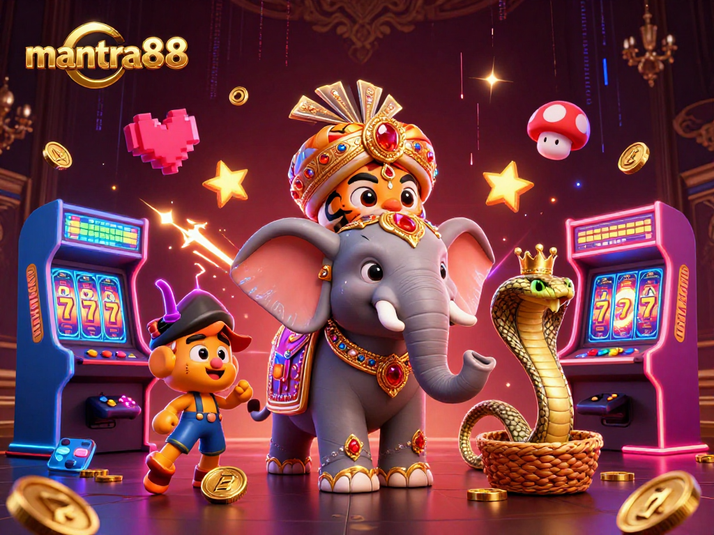 Experience the vibrant world of mantra88 with a dynamic 3D casino scene featuring a maharaja, elephant, and arcade elements.