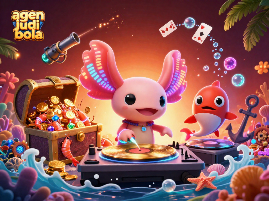 Engage in betting excitement with agen judi bola, featuring a neon axolotl DJ and vibrant underwater elements.