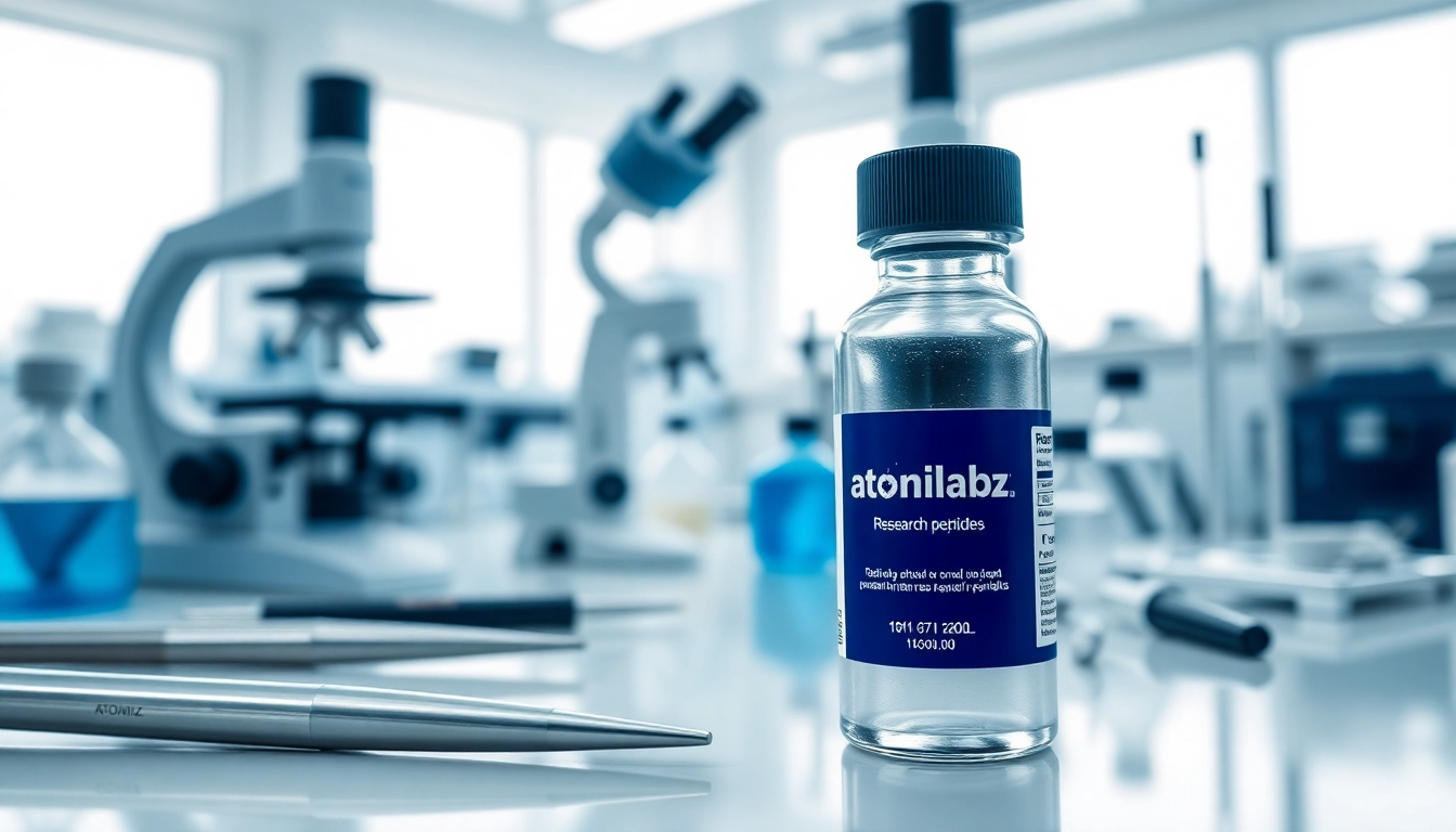 Showcasing atomiklabz research peptides in a detailed laboratory setting.