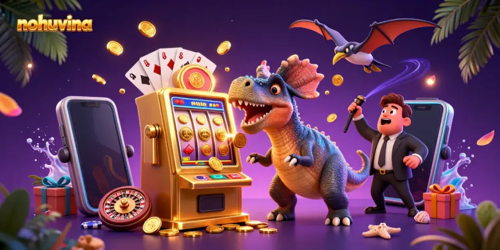 Nohuvina showcases a pachycephalosaurus winning jackpot coins from a slot machine in a dynamic casino scene.