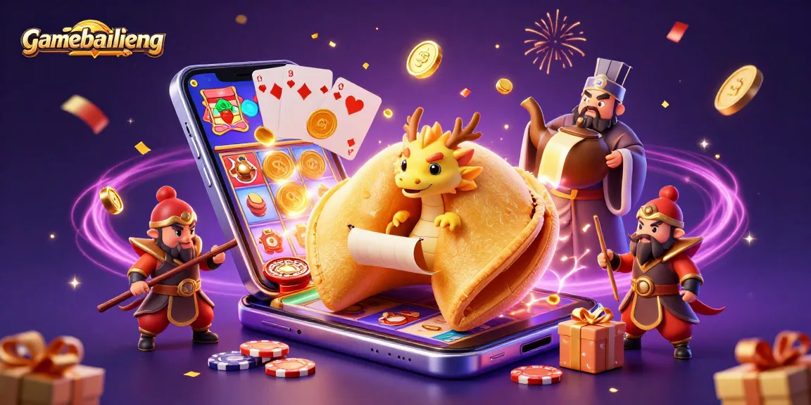 Play thrilling games with gamebailieng as wise dragon and golden fortune cookie share secrets in a vibrant casino scene.