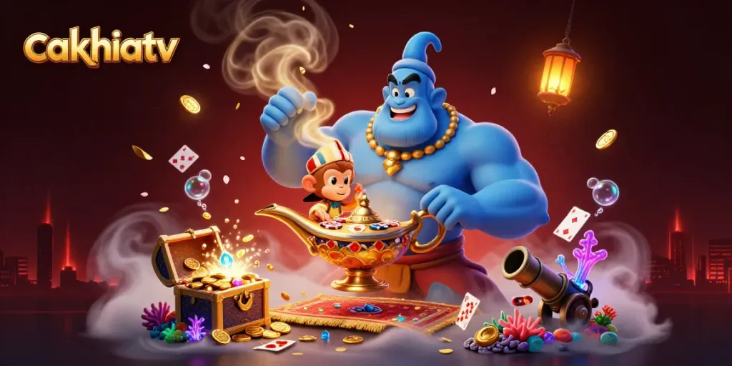 Cakhiatv showcases a vibrant 3D genie alongside a monkey and poker chips, emphasizing exciting gambling themes.