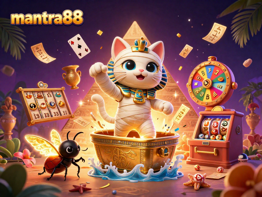 Experience the excitement of mantra88 with an Egyptian mummy cat and a scarab beetle in a vibrant casino scene.