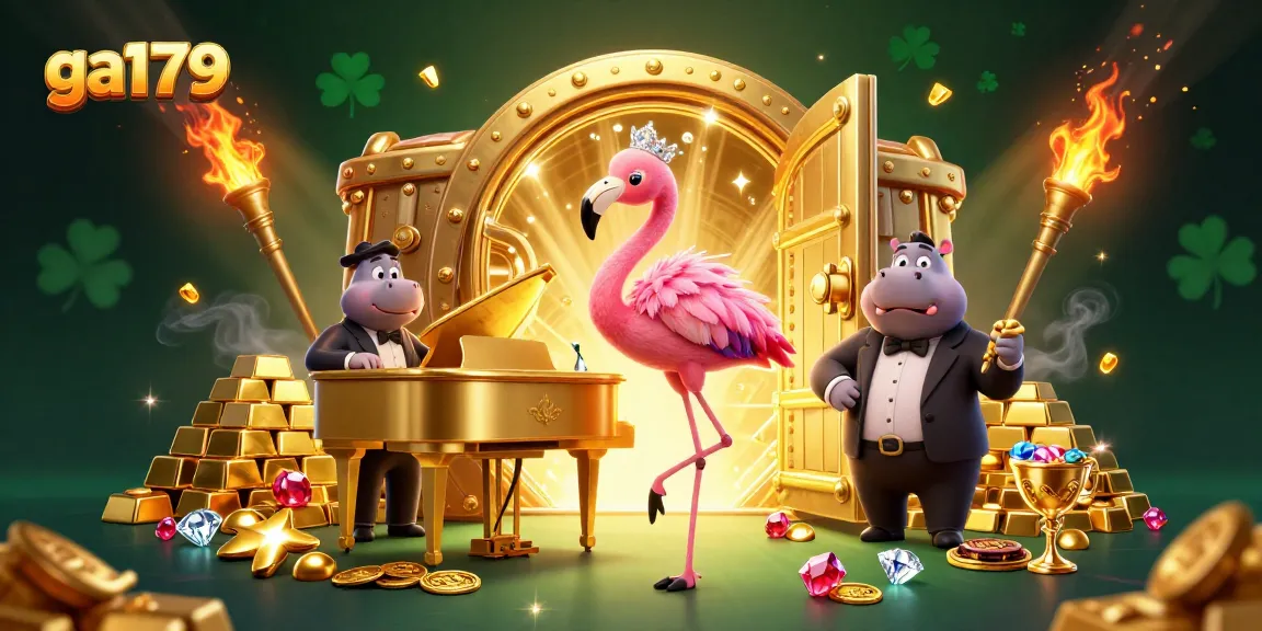 Engage with ga179's vibrant 3D casino scene featuring a flamingo singer and a hippo bassist.