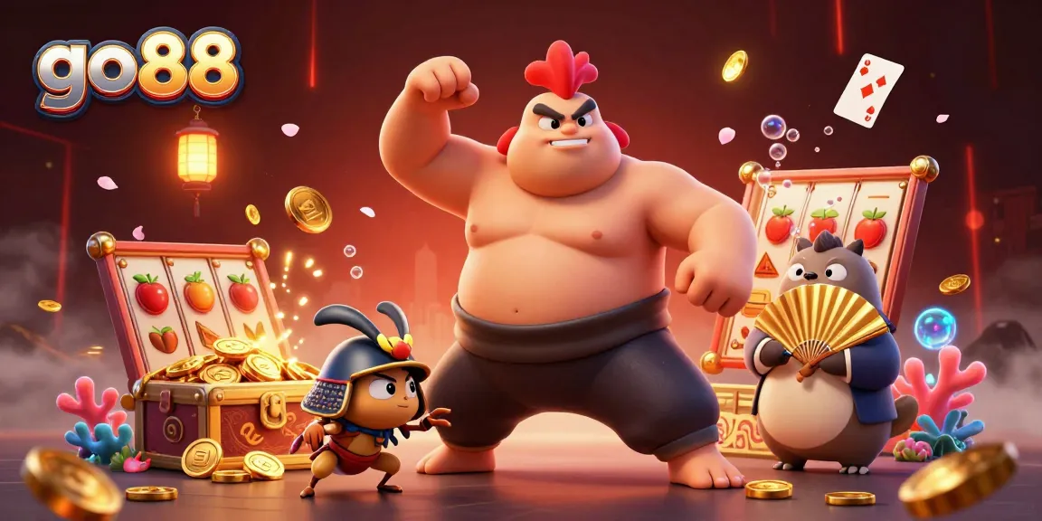 Experience the excitement of go 88 with a dynamic gambling scene featuring a powerful sumo rooster amidst vibrant slot machines and gaming elements.